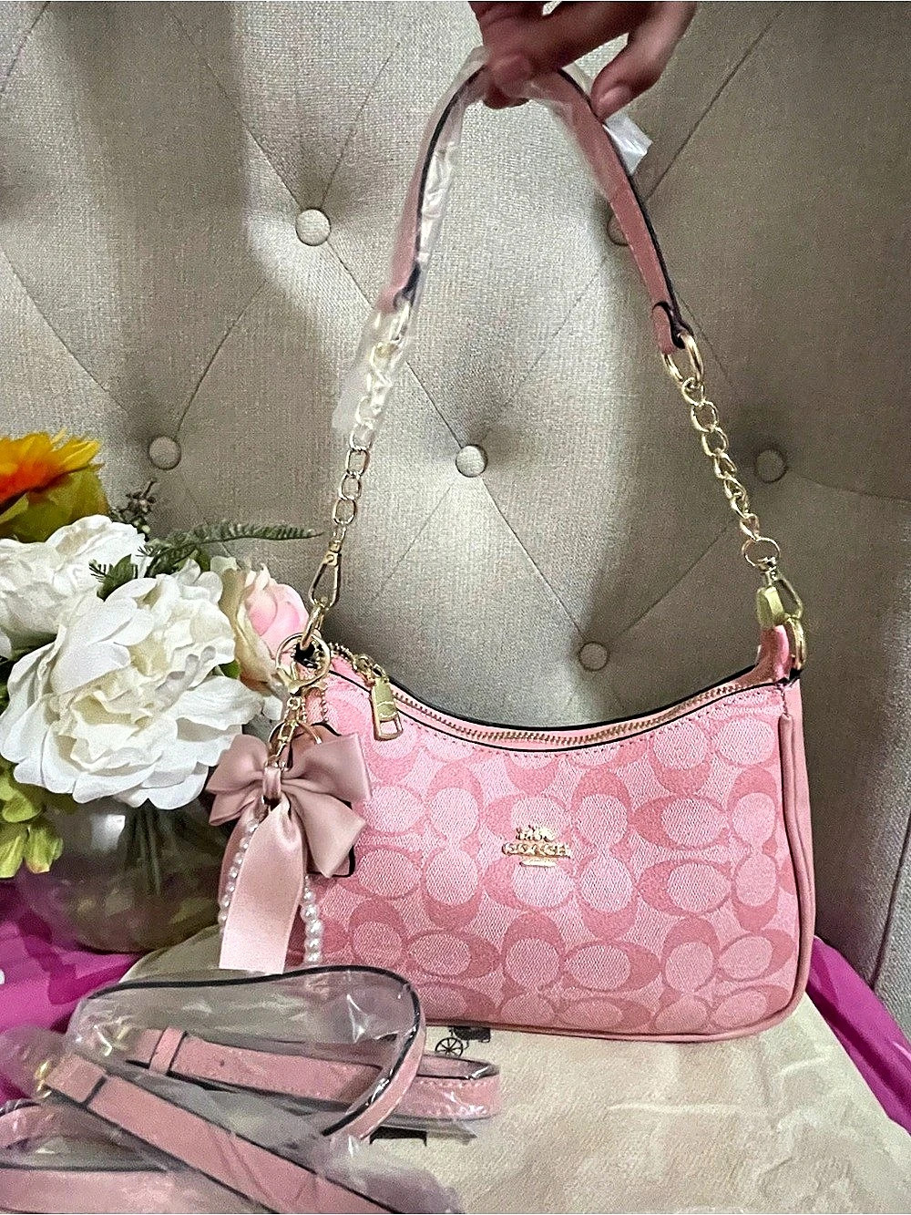 Coach Teri Shoulder Bag In Signature Canvas With Charms Pink